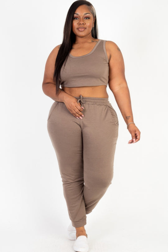 Plus Size French Terry Cropped Tank Top & Joggers Set - Love it Curvy