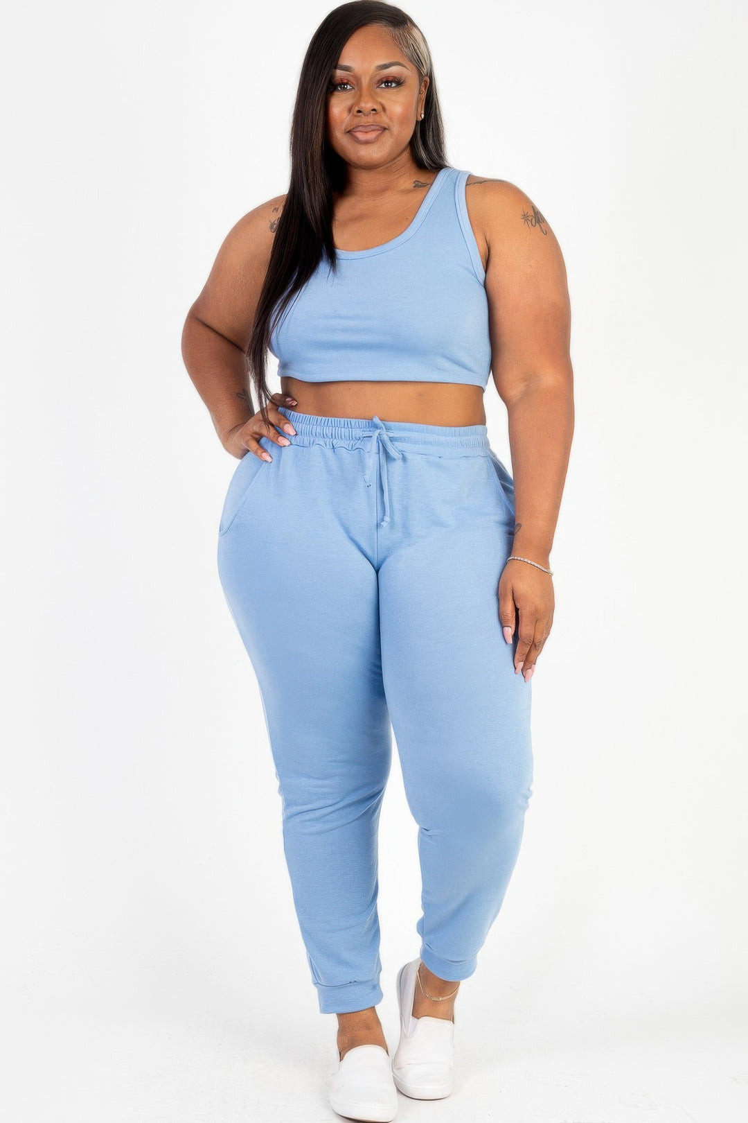 Plus Size French Terry Cropped Tank Top & Joggers Set - Love it Curvy
