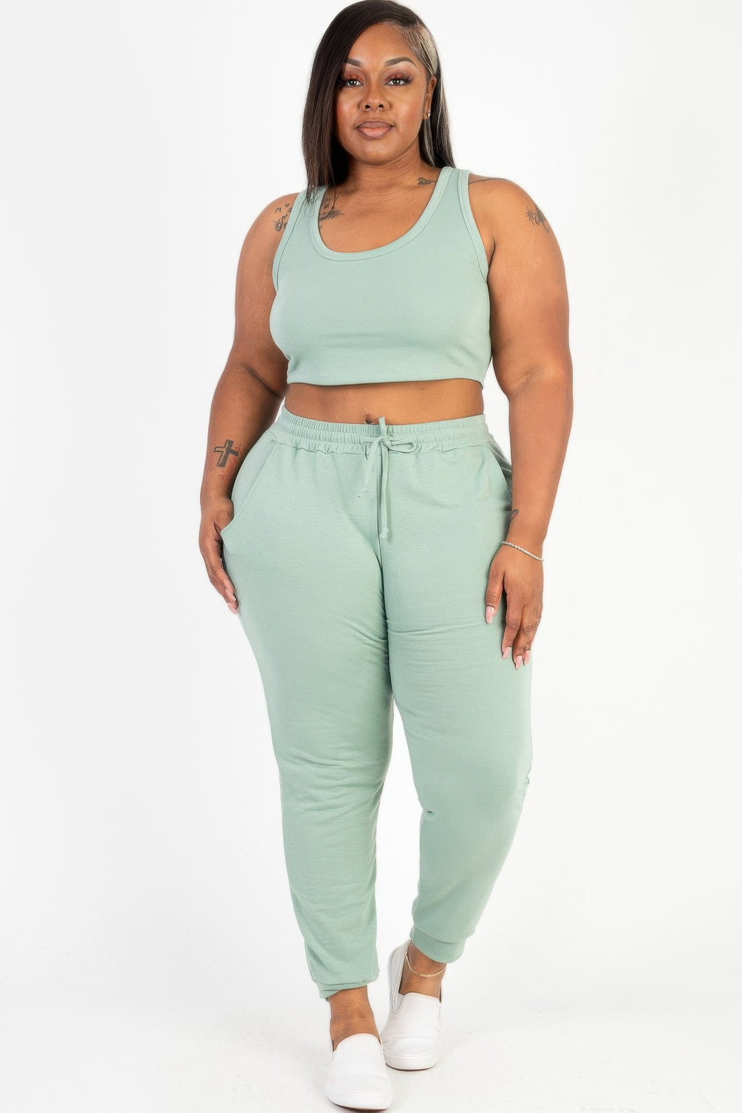 Plus Size French Terry Cropped Tank Top & Joggers Set - Love it Curvy