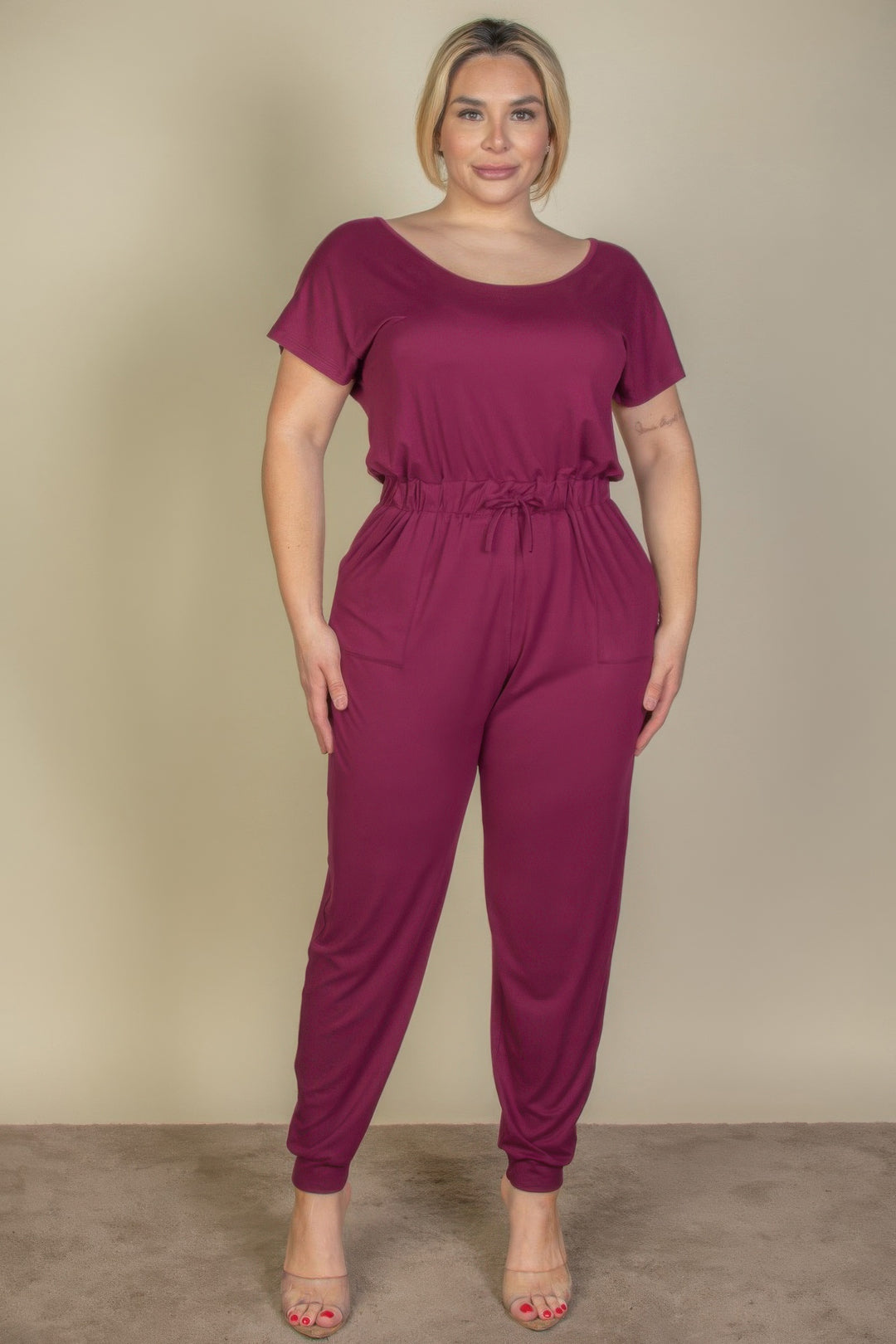 Plus Size Solid Drawstring Short Sleeve Jumpsuit - Love it Curvy