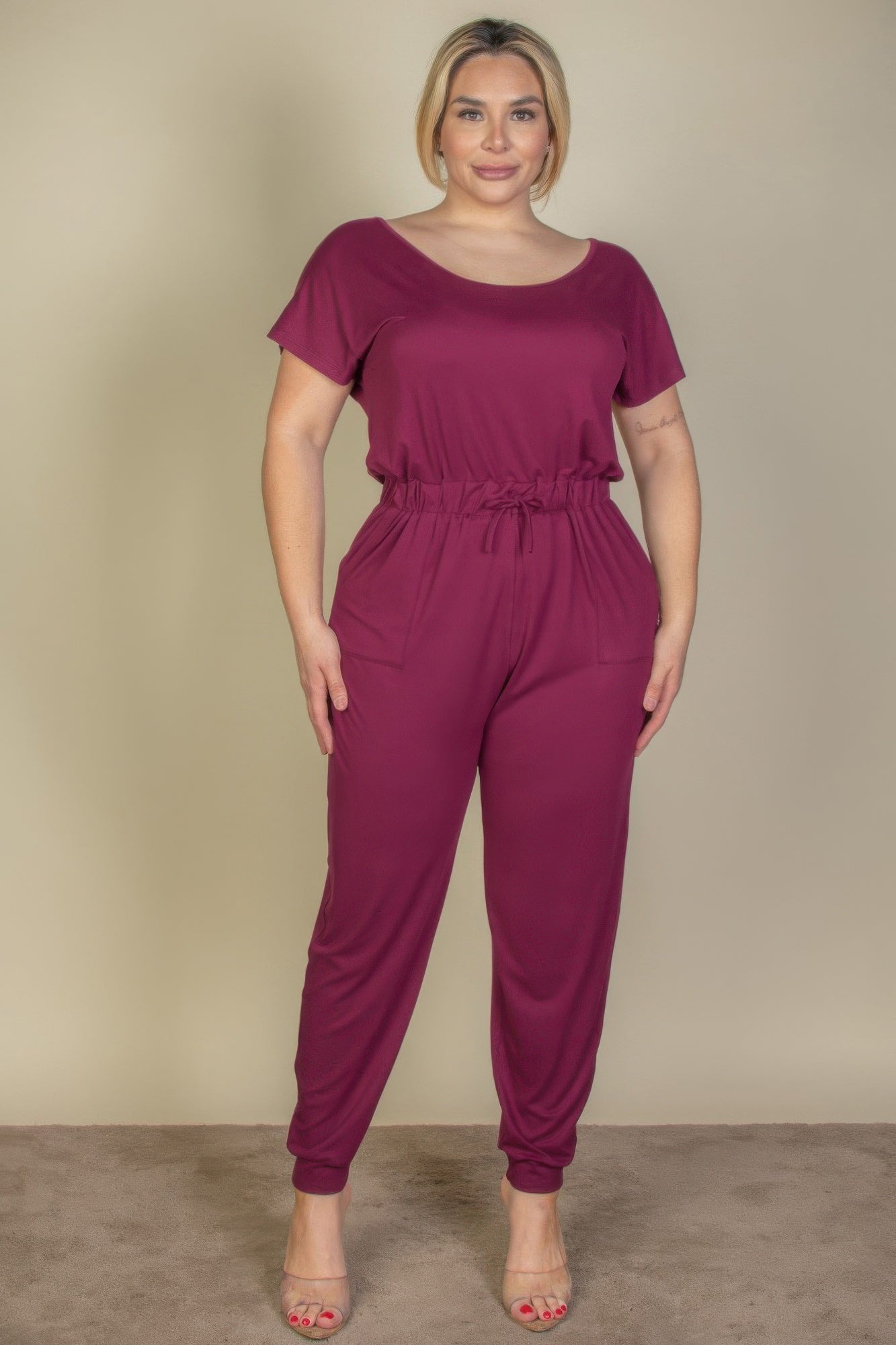 Plus Size Solid Drawstring Short Sleeve Jumpsuit - Love it Curvy