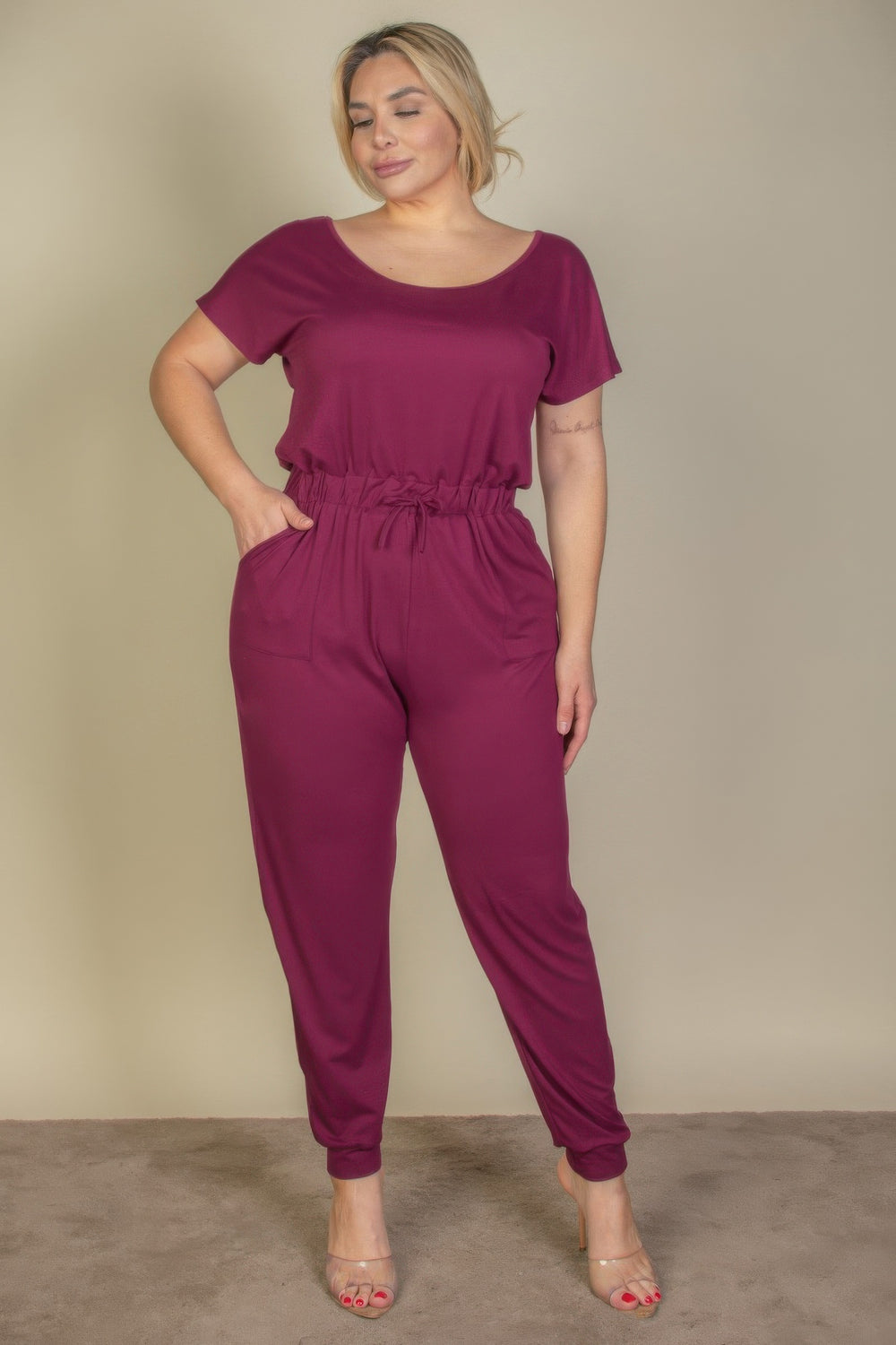 Plus Size Solid Drawstring Short Sleeve Jumpsuit - Love it Curvy