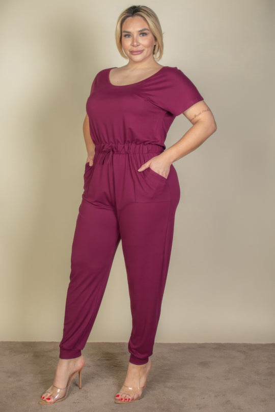 Plus Size Solid Drawstring Short Sleeve Jumpsuit - Love it Curvy