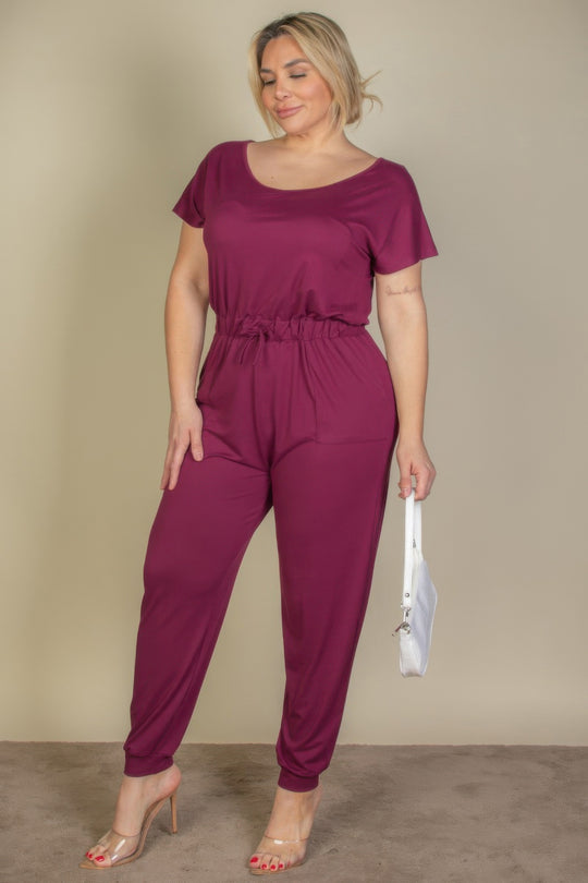 Plus Size Solid Drawstring Short Sleeve Jumpsuit - Love it Curvy