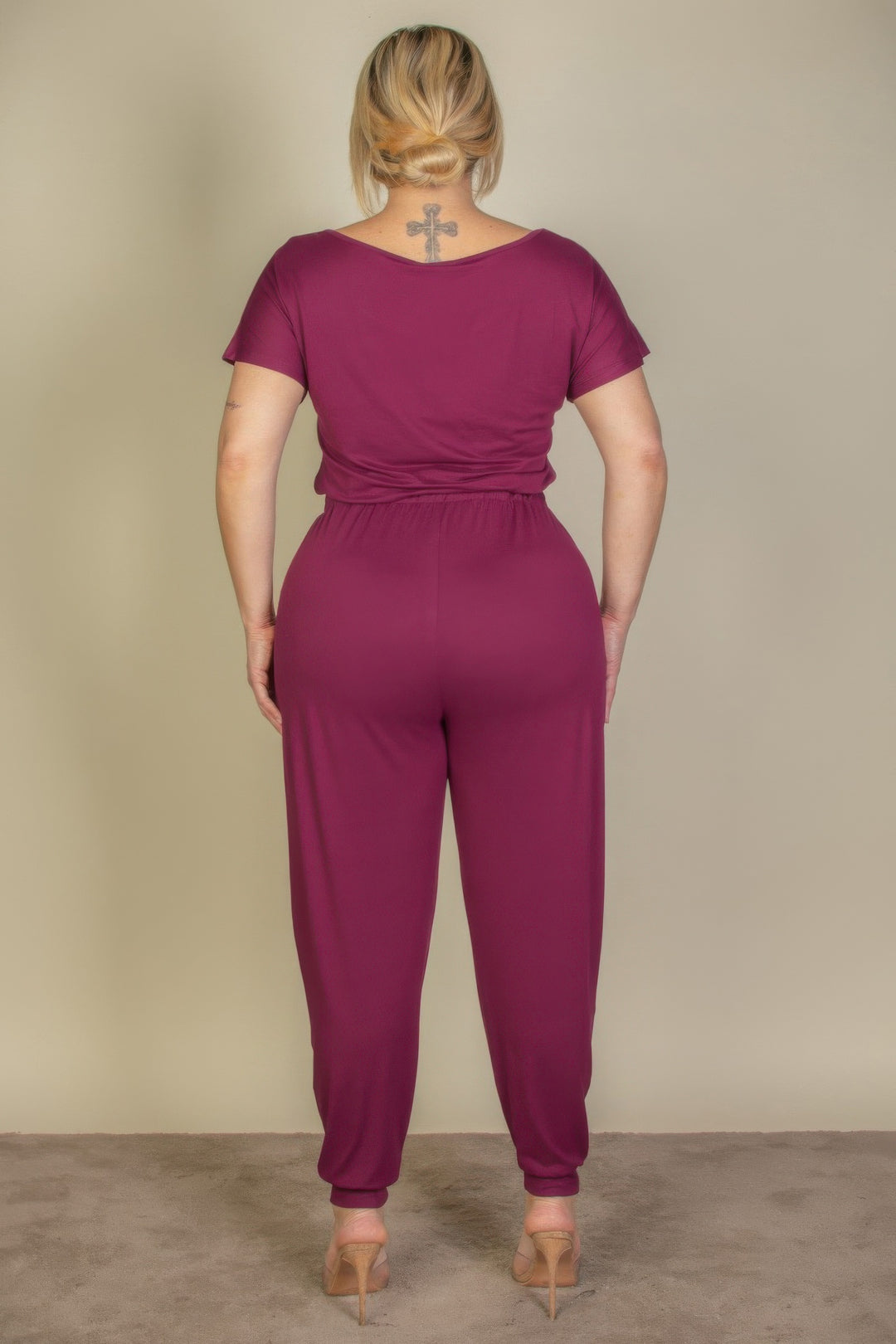 Plus Size Solid Drawstring Short Sleeve Jumpsuit - Love it Curvy