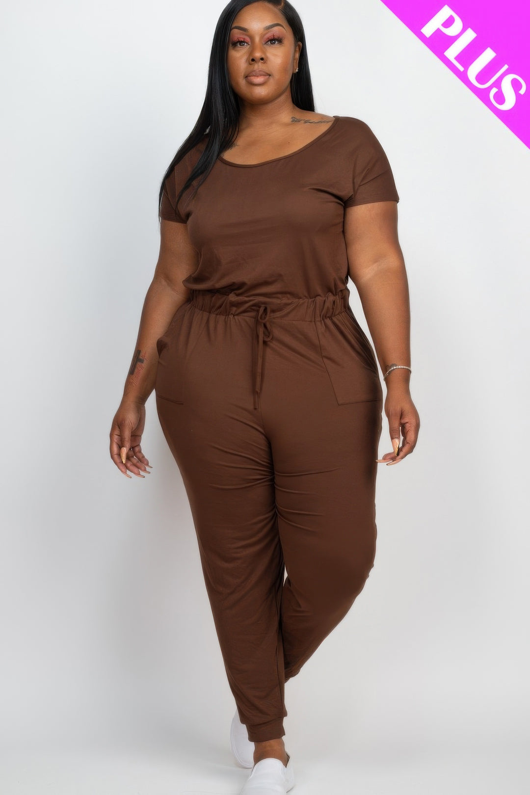 Plus Size Solid Drawstring Short Sleeve Jumpsuit - Love it Curvy
