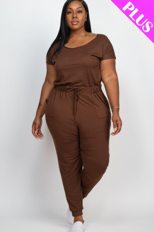 Plus Size Solid Drawstring Short Sleeve Jumpsuit - Love it Curvy