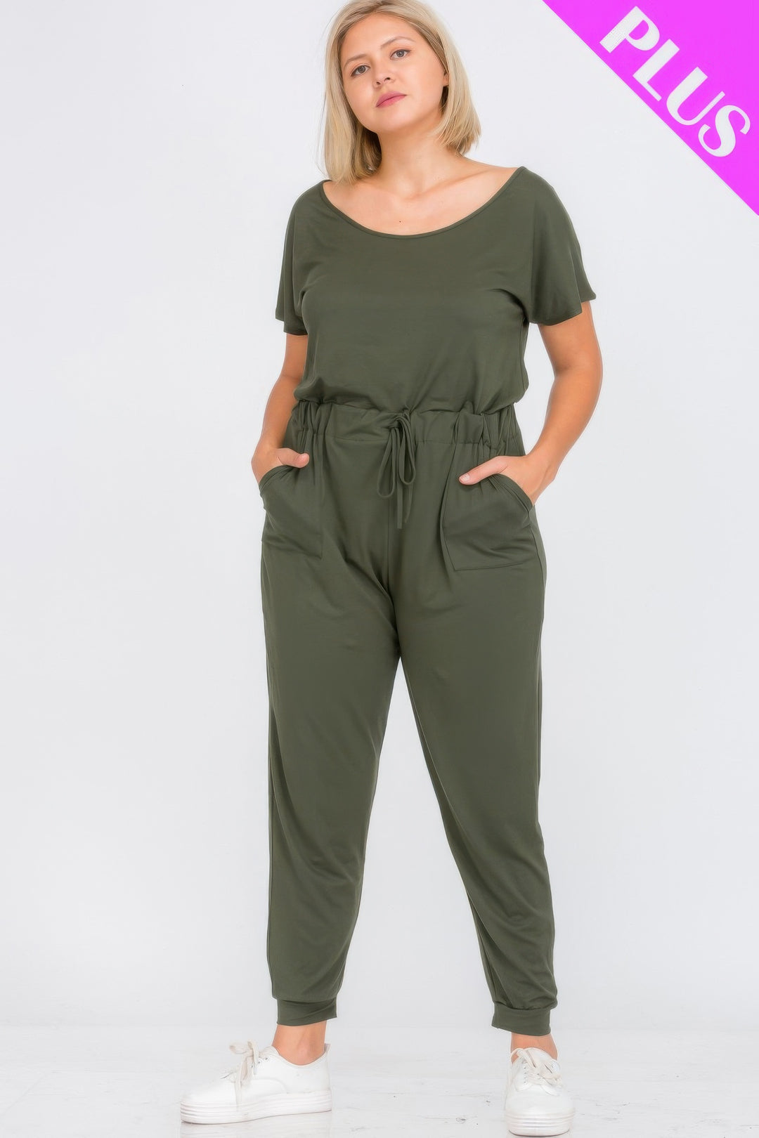 Plus Size Solid Drawstring Short Sleeve Jumpsuit - Love it Curvy