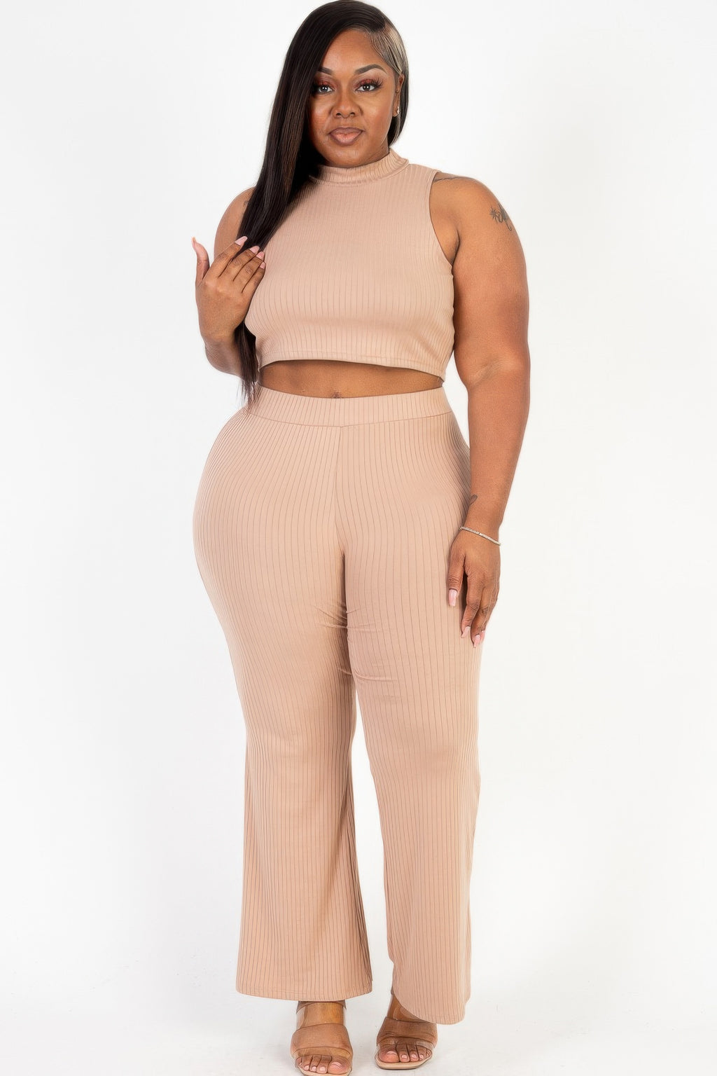 Plus Size Ribbed Mock Neck Crop Tank Top & Bootcut Pants Set