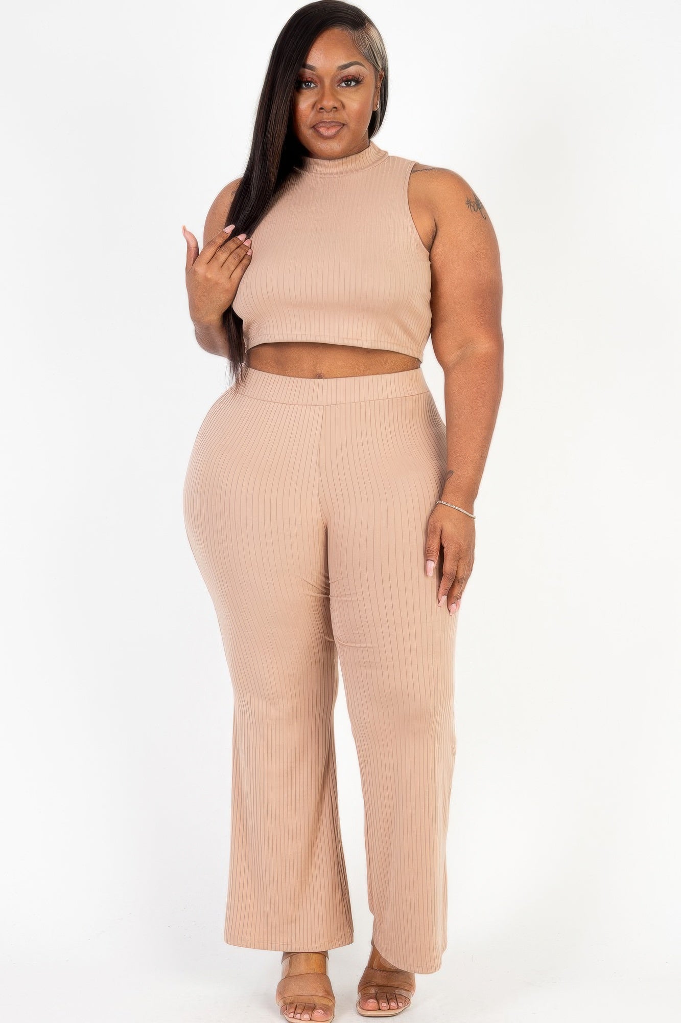 Plus Size Ribbed Mock Neck Crop Tank Top& Bootcut Pants Set - Love it Curvy