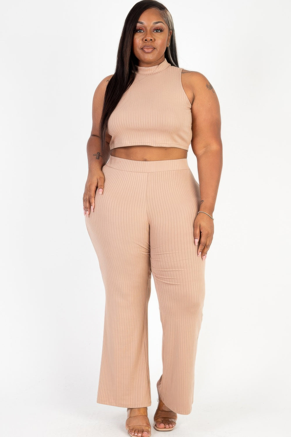 Plus Size Ribbed Mock Neck Crop Tank Top& Bootcut Pants Set - Love it Curvy