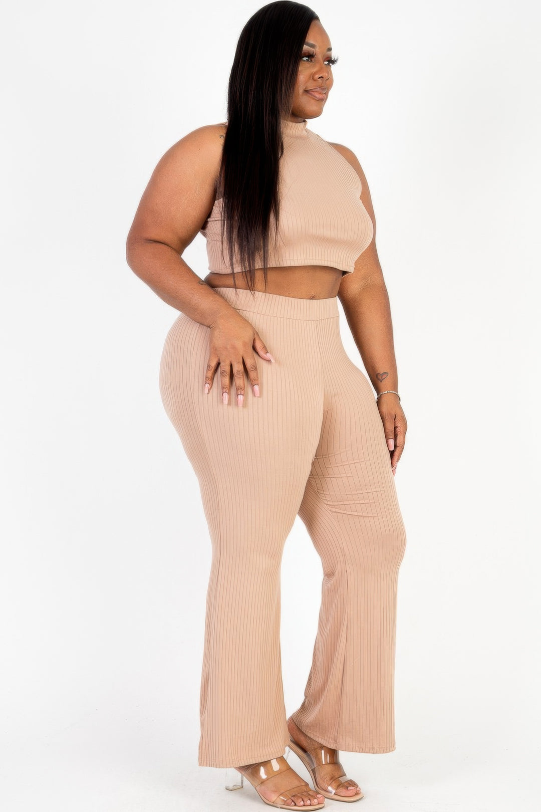 Plus Size Ribbed Mock Neck Crop Tank Top& Bootcut Pants Set - Love it Curvy