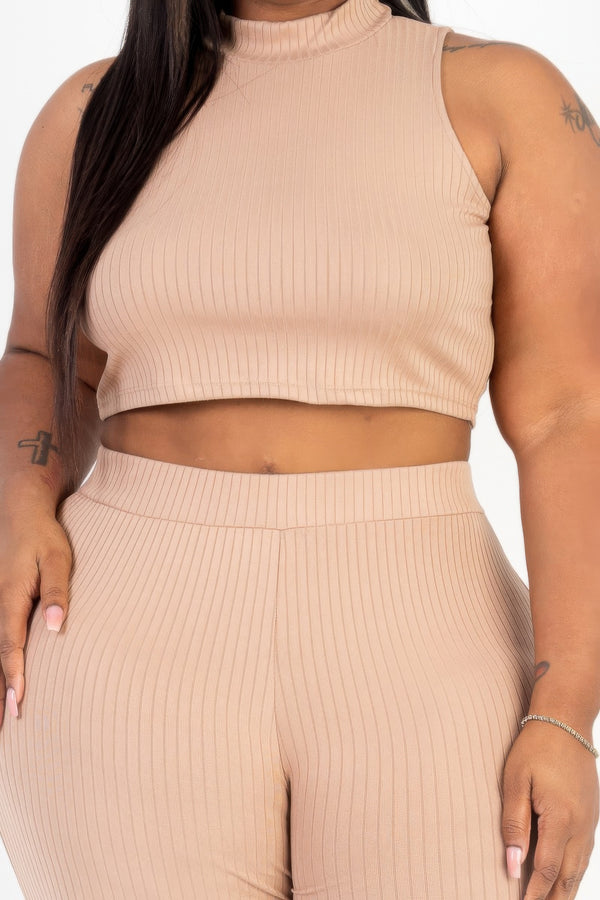 Plus Size Ribbed Mock Neck Crop Tank Top & Bootcut Pants Set