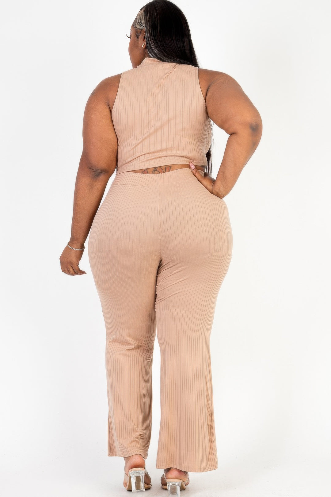 Plus Size Ribbed Mock Neck Crop Tank Top& Bootcut Pants Set - Love it Curvy