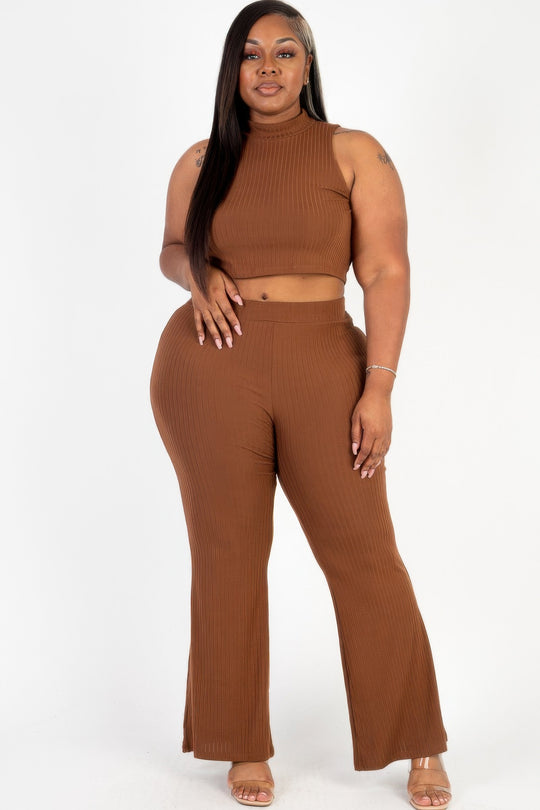 Plus Size Ribbed Mock Neck Crop Tank Top& Bootcut Pants Set - Love it Curvy