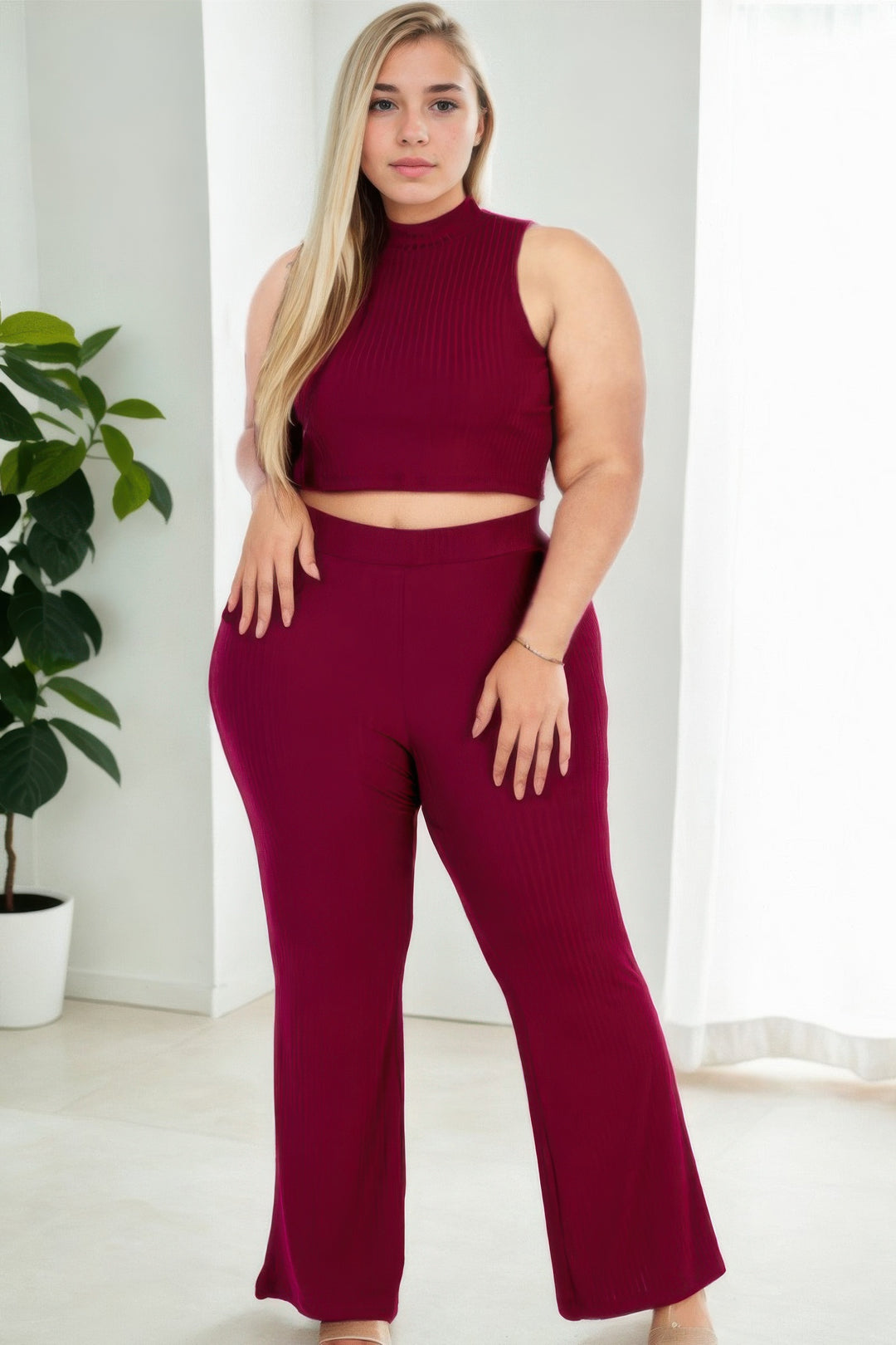 Plus Size Ribbed Mock Neck Crop Tank Top& Bootcut Pants Set - Love it Curvy