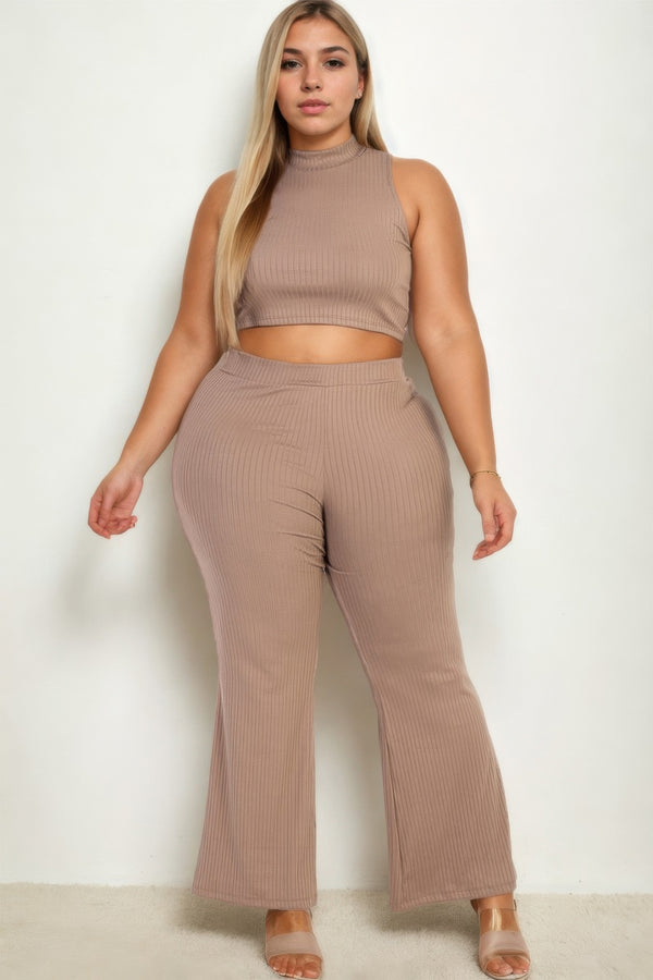 Plus Size Ribbed Mock Neck Crop Tank Top & Bootcut Pants Set
