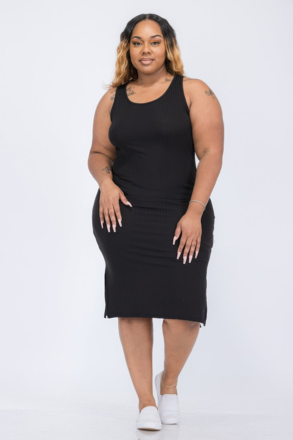 Plus Size Ribbed Tank Midi Dress with Side Slits