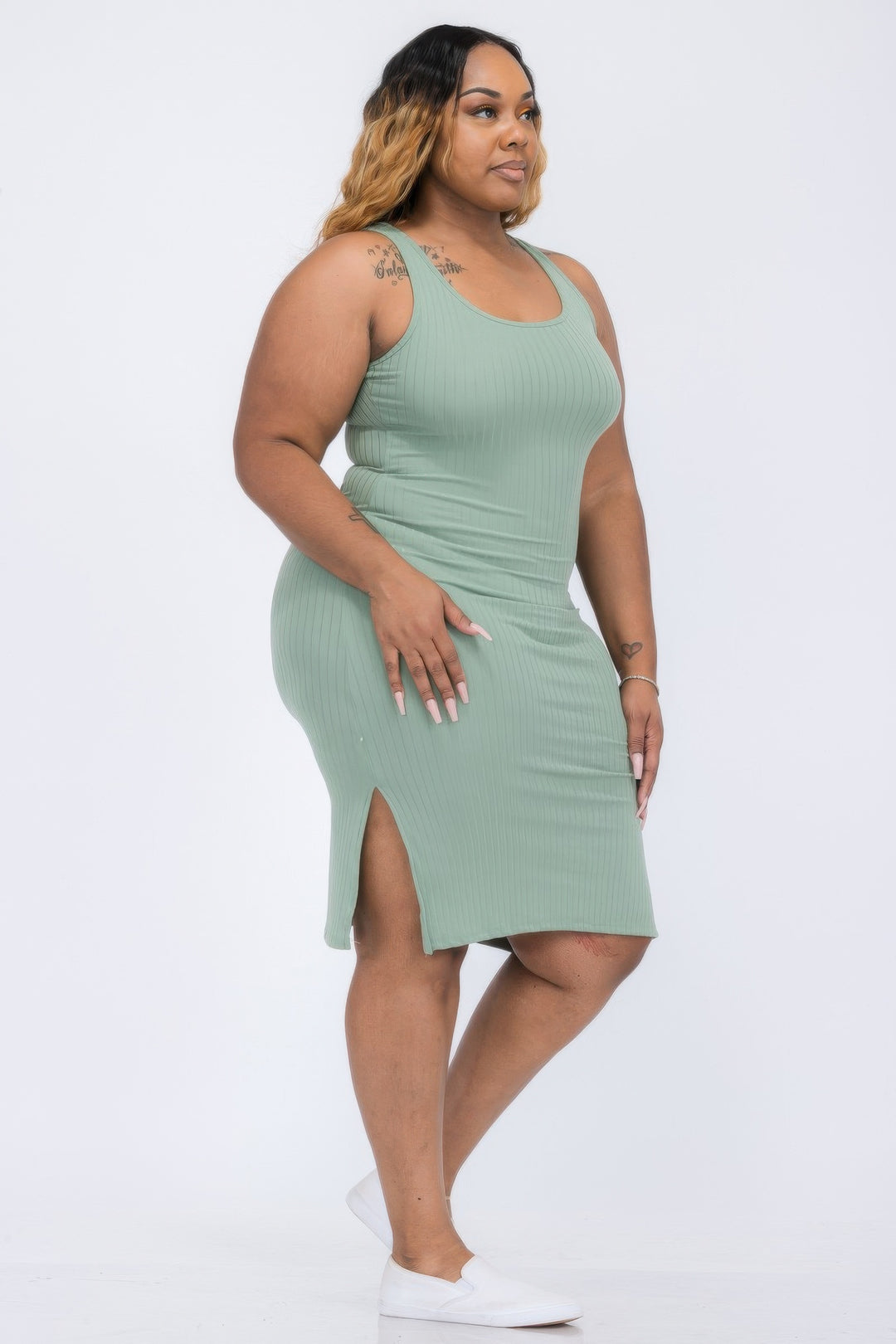 Plus Size Ribbed Side Slit Tank Midi Dress - Love it Curvy