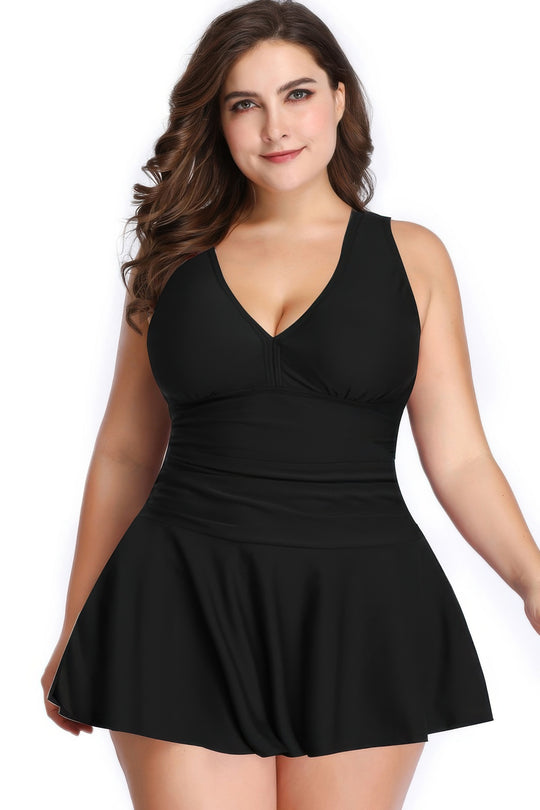 Plus Size Solid Ruffle V Neck Fit Swimsuits - Love it Curvy