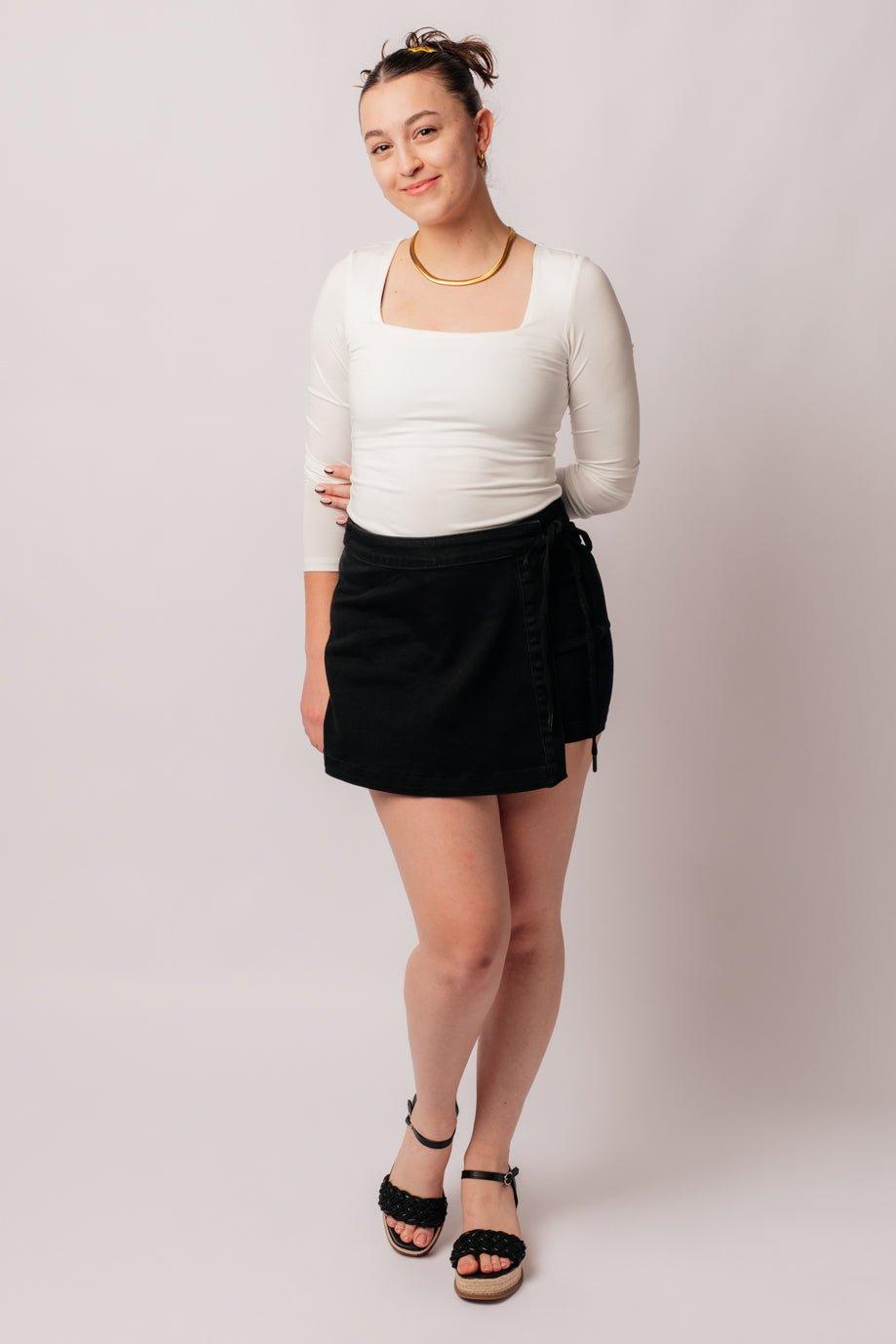 Bentli High Rise Side Tie Denim Skort in Black - AS8754-01 - Love it Curvy