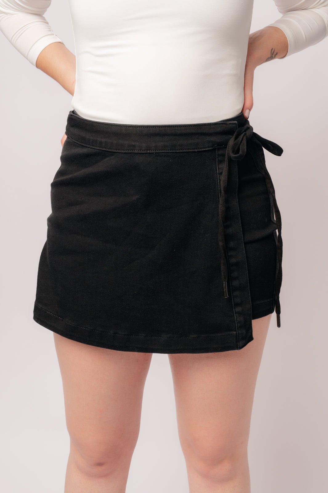 Bentli High Rise Side Tie Denim Skort in Black - AS8754-01 - Love it Curvy