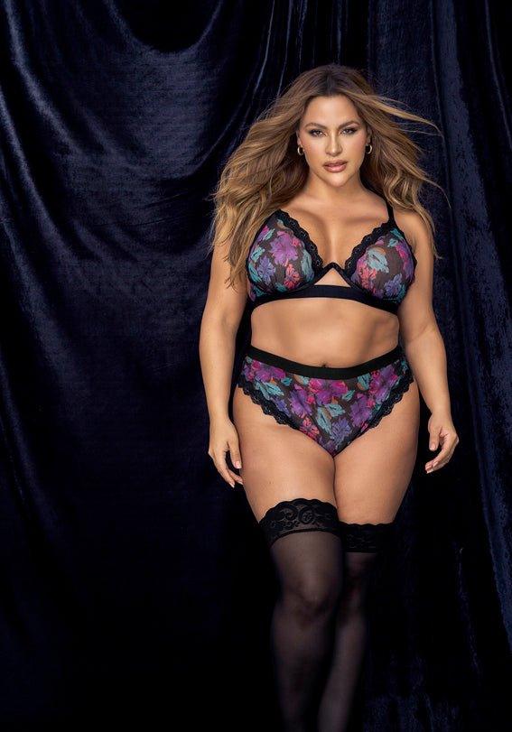 Black Dream Flower Print 2 Piece Sheer Mesh Set (8771X) - 8771X_Black_Dream_Flower_Print_1/2X - Love it Curvy