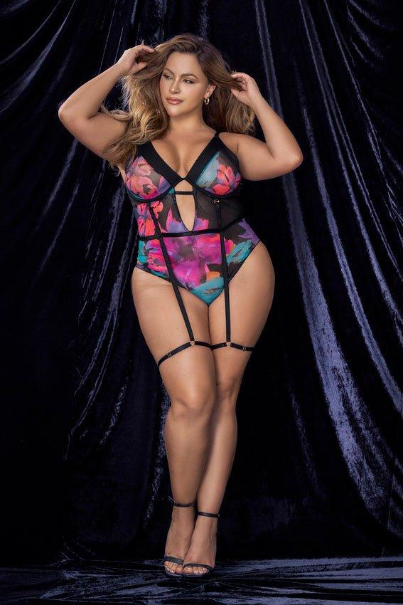 Black Dream Flower Print Bodysuit (8774X) - 8774X_Black_Dream_Flower_Print_1/2X - Love it Curvy