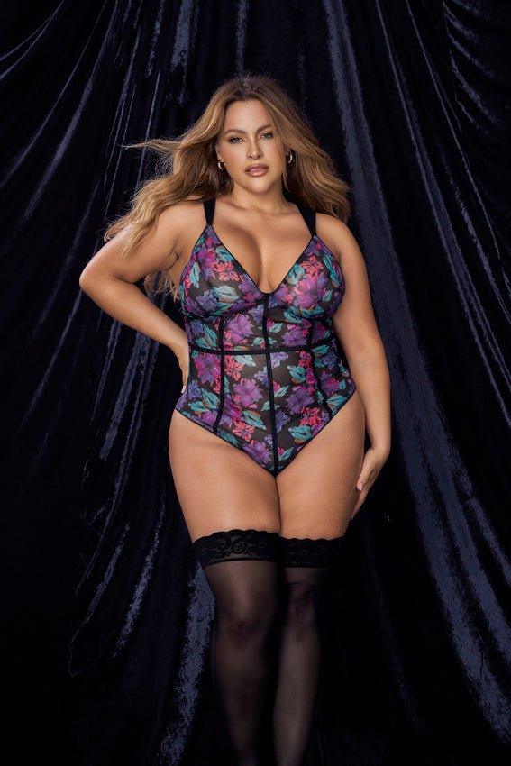 Black Dream Flower Print Teddy (8775X) - 8775X_Black_Dream_Flower_Print_1/2X - Love it Curvy