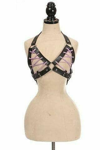 Black Faux Leather Lace - Up Bra Top - Lavender - HAR - 198 - Regular - Love it Curvy