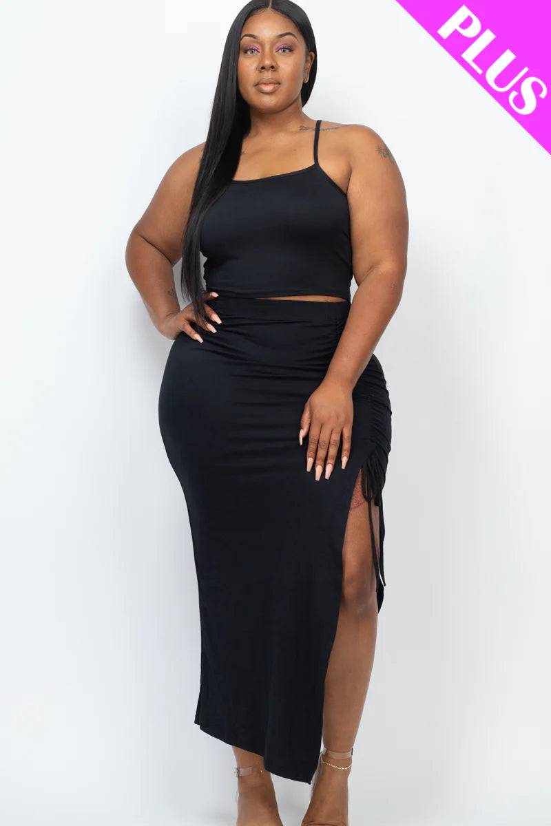 Plus Size Cami Crop Top & Ruched Side Split Hem Midi Skirt Set - Love it Curvy