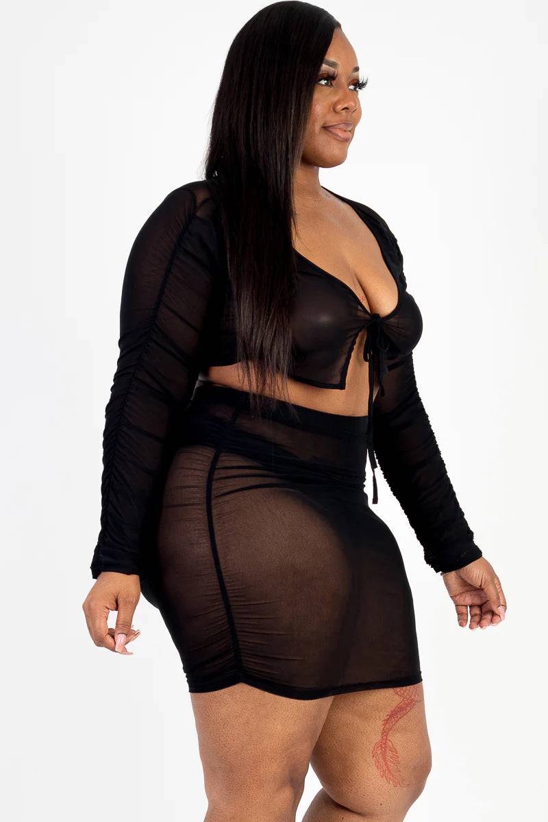 Plus Size Sheer Mesh Tie Front Crop Top &amp; Ruched Side Mini skirt - Love it Curvy