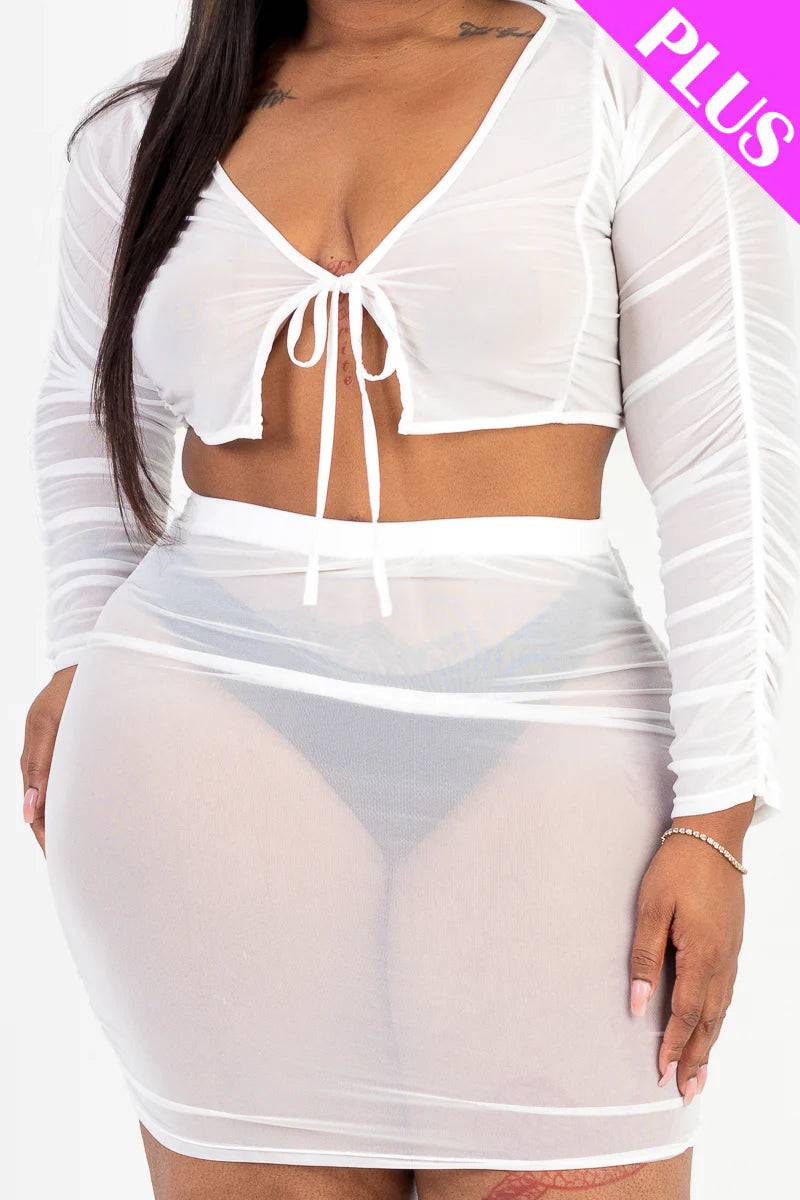 Plus Size Sheer Mesh Tie Front Crop Top &amp; Ruched Side Mini skirt - Love it Curvy