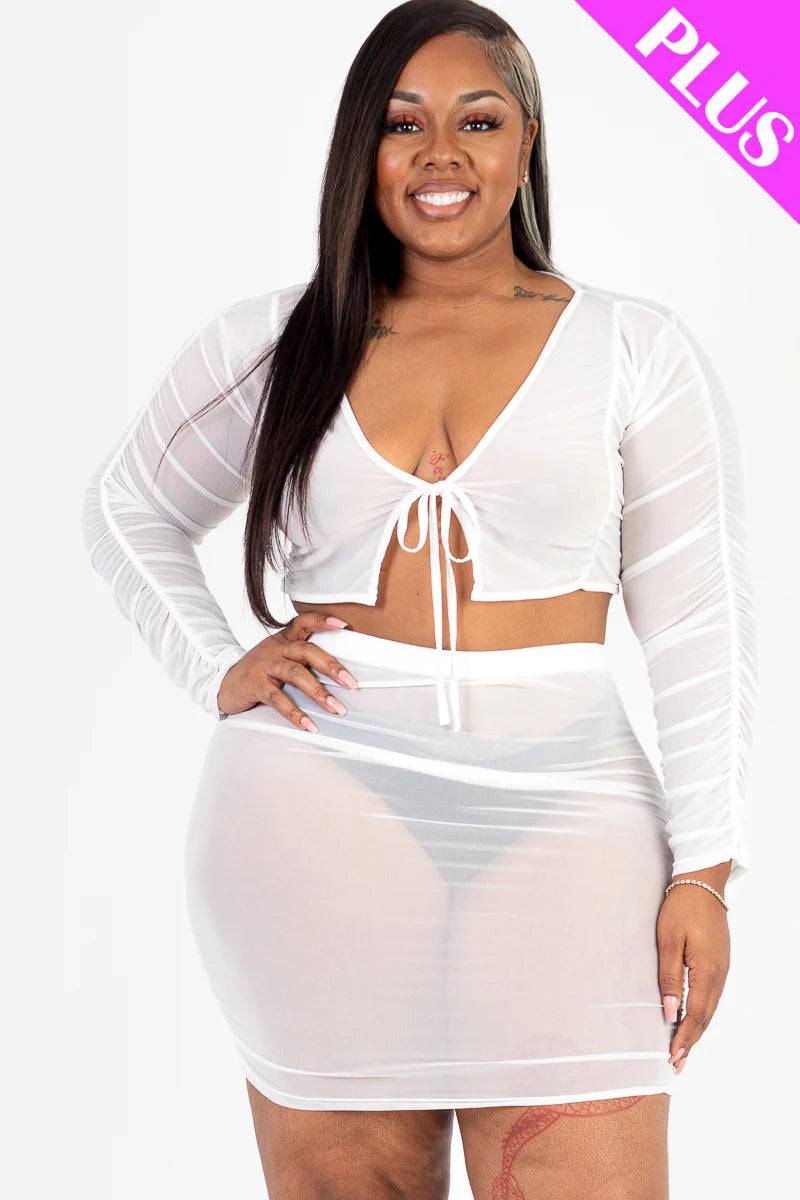Plus Size Sheer Mesh Tie Front Crop Top &amp; Ruched Side Mini skirt - Love it Curvy