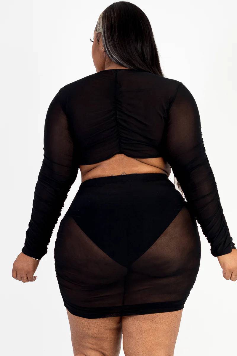 Plus Size Sheer Mesh Tie Front Crop Top &amp; Ruched Side Mini skirt - Love it Curvy