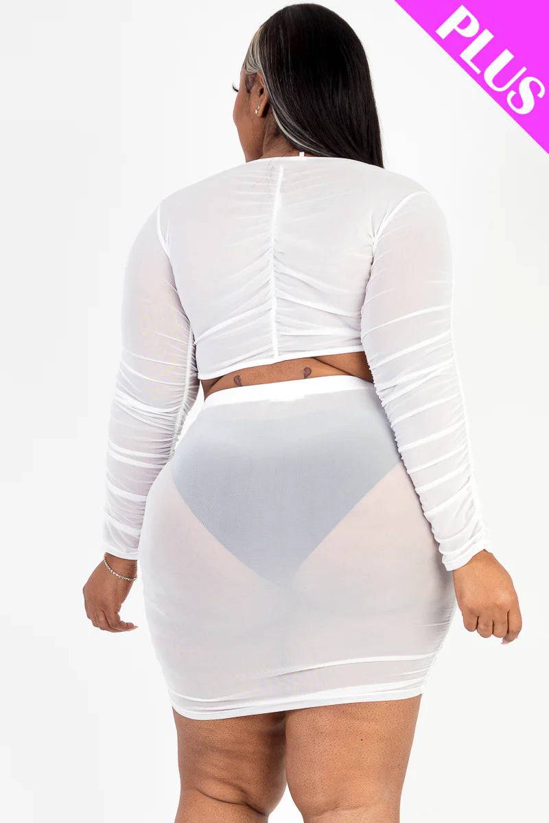 Plus Size Sheer Mesh Tie Front Crop Top &amp; Ruched Side Mini skirt - Love it Curvy