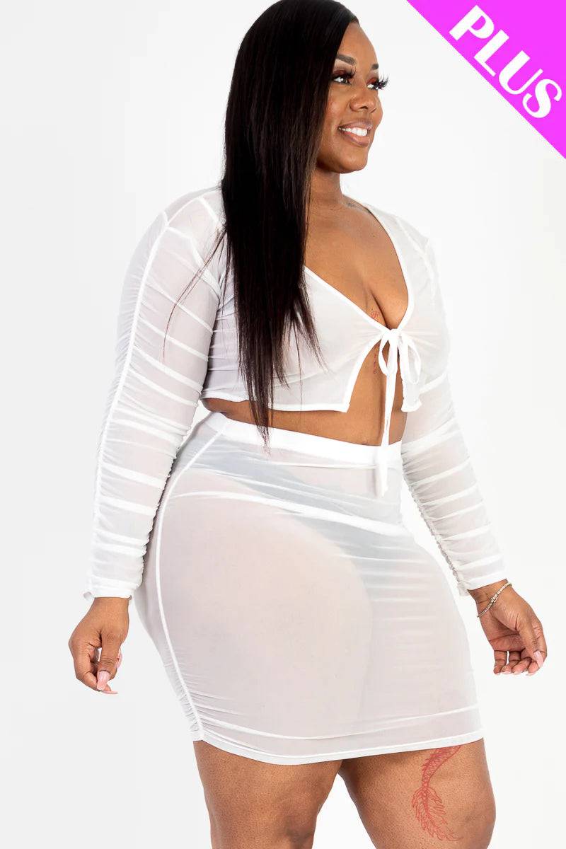Plus Size Sheer Mesh Tie Front Crop Top &amp; Ruched Side Mini skirt - Love it Curvy