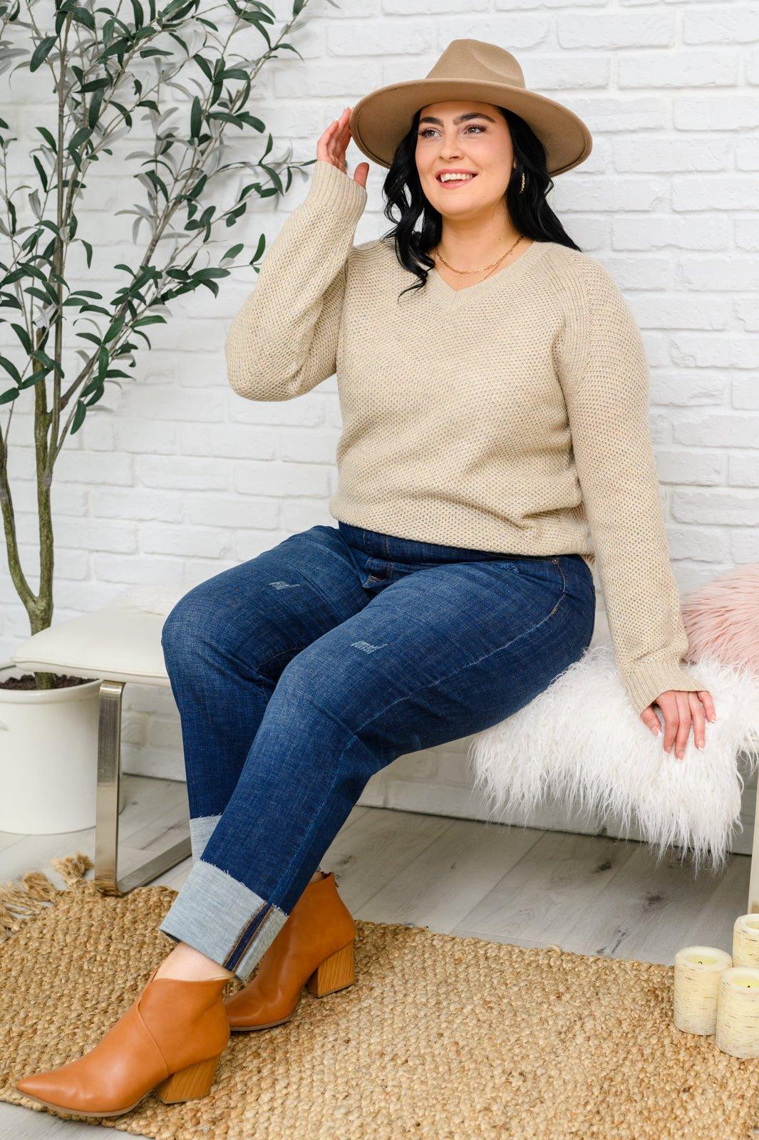 Chai Latte V-Neck Sweater in Oatmeal - AS4984-1 - Love it Curvy