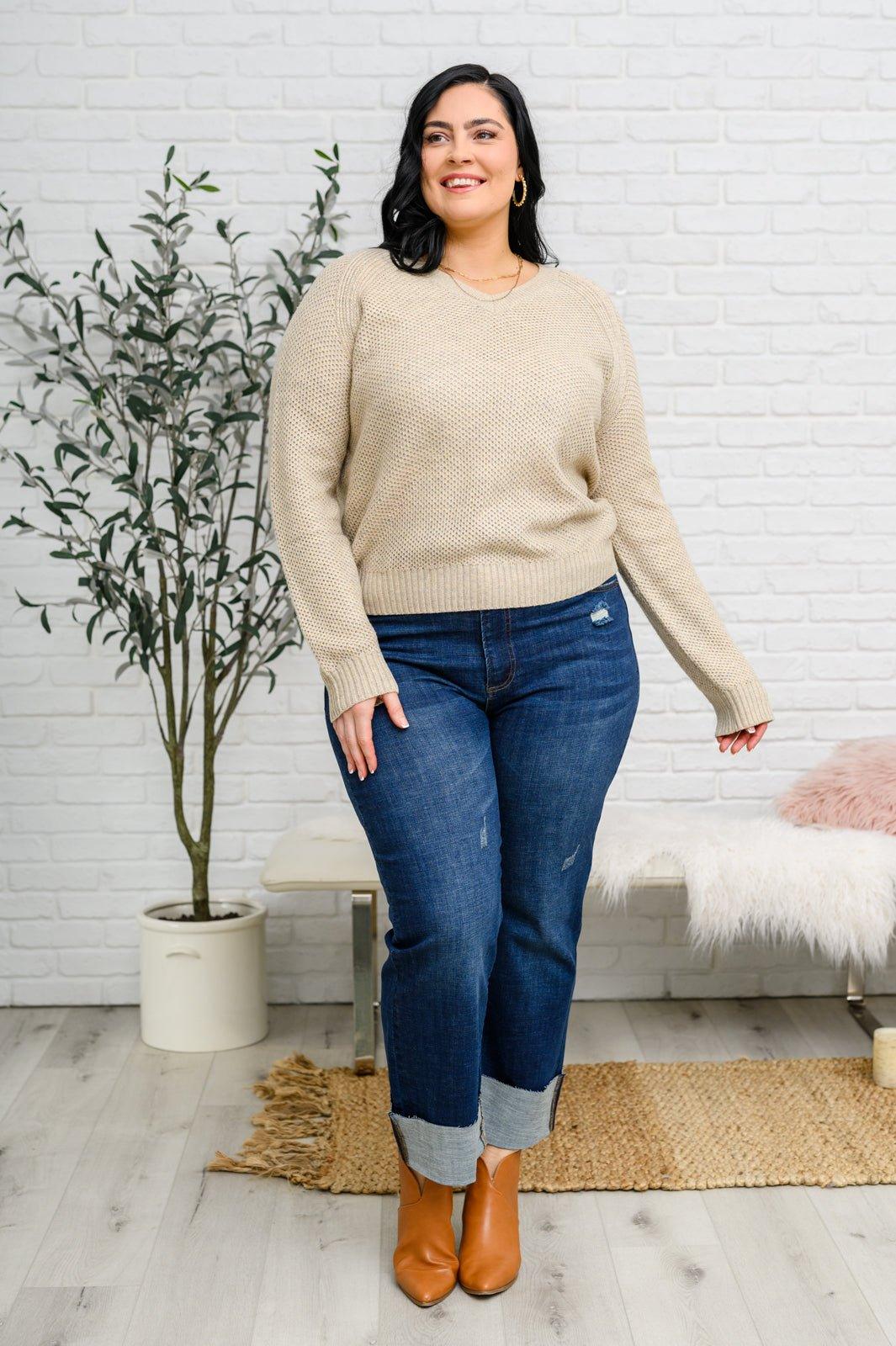 Chai Latte V-Neck Sweater in Oatmeal - AS4984-1 - Love it Curvy