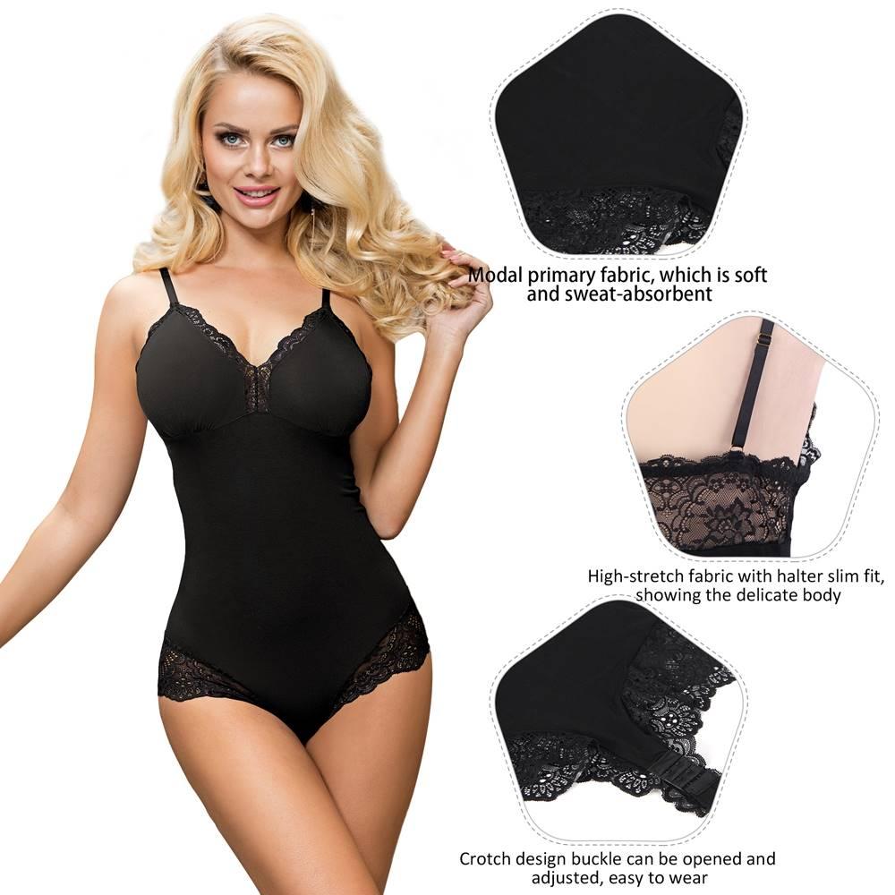 Crotch Openable Stretchy Plus Size Black Modal Lace Bodysuit - R80927-1P-1 - Love it Curvy