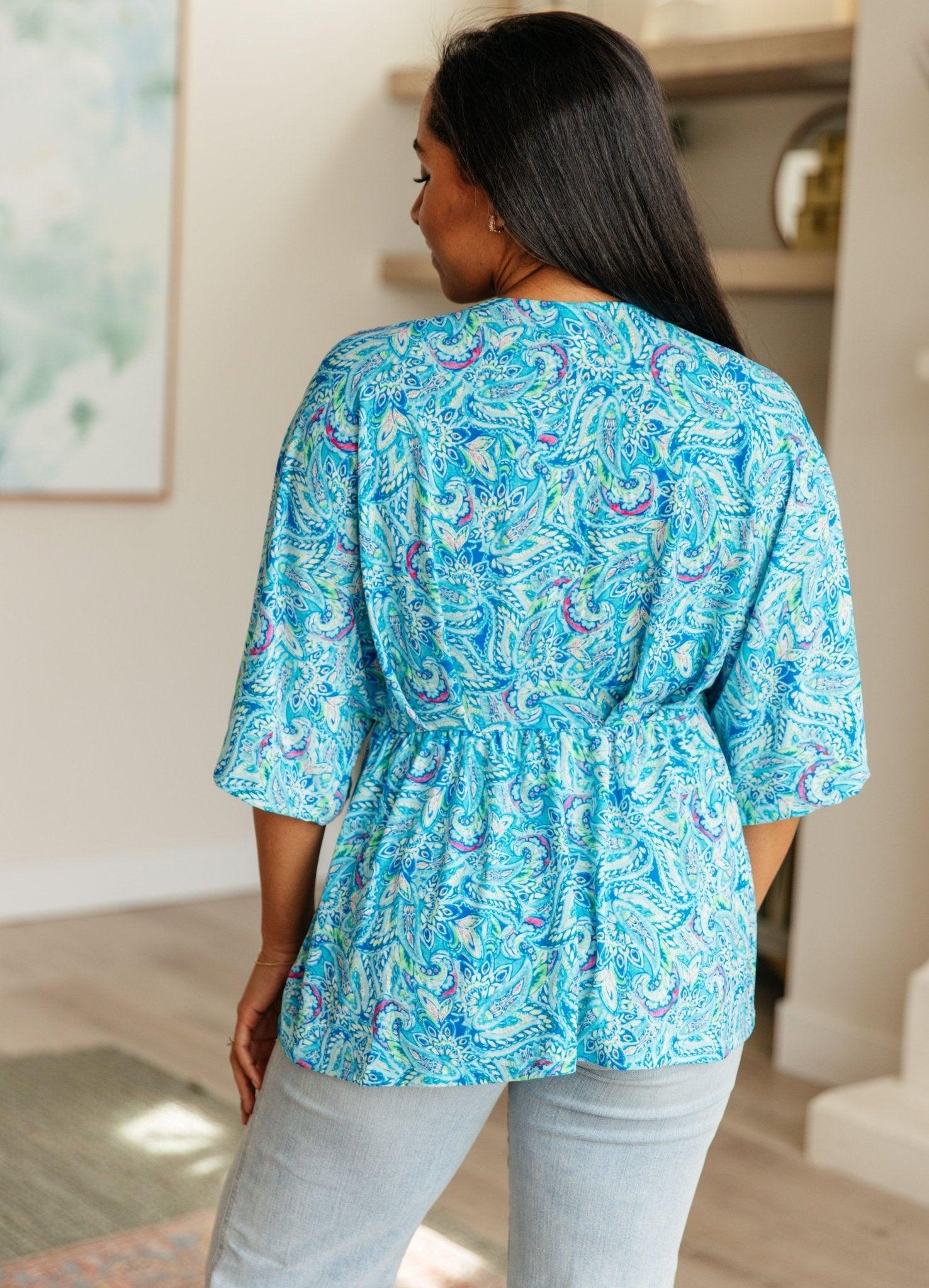 Dreamer Peplum Top in Blue and Teal Paisley - AS8440-01 - Love it Curvy