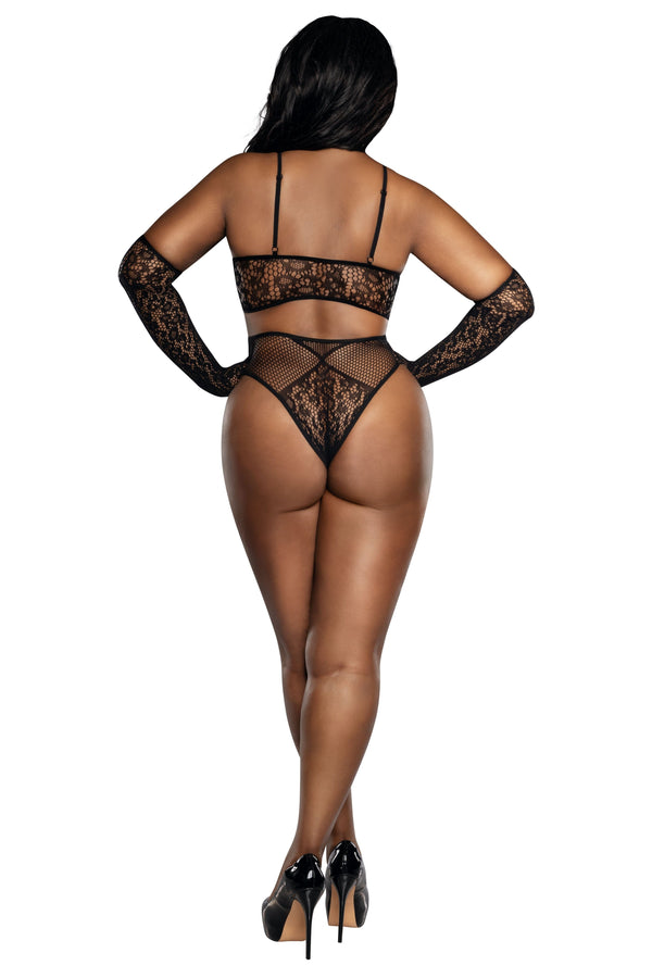 Dreamgirl Plus Black Lace Bralette, Panty & Gloves Set | Love It Curvy