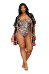Dreamgirl Plus Rose Print Chiffon Robe with Leopard Print Satin Teddy Set | Love It Curvy