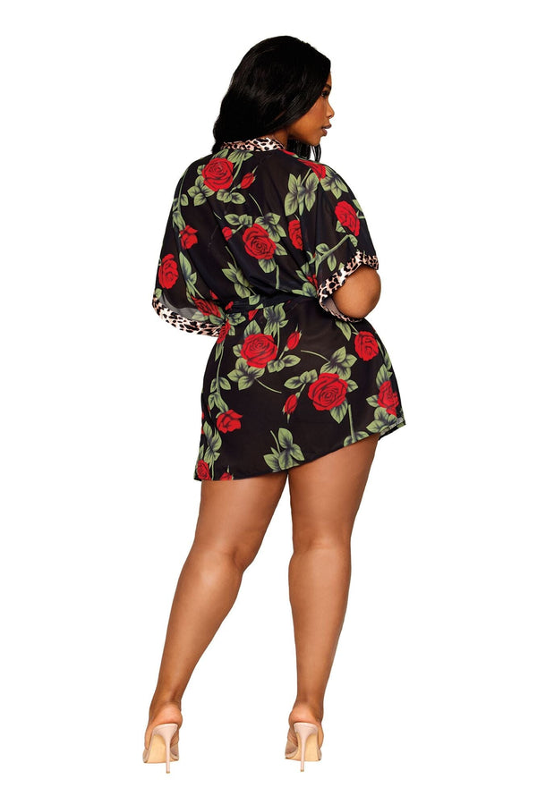 Dreamgirl Plus Rose Print Chiffon Robe with Leopard Print Satin Teddy Set | Love It Curvy