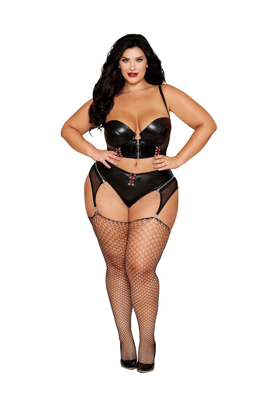 Model wearing a black lingerie set with fishnet stockings on a white background