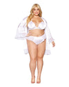 Woman wearing a white lingerie set with a matching robe on a white background