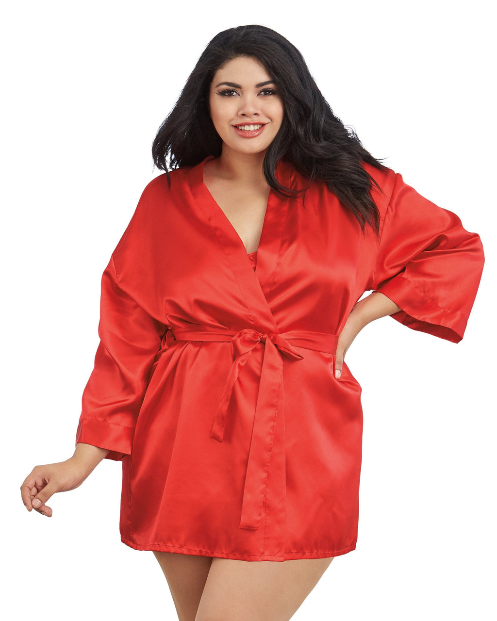 Woman wearing a red satin robe on a white background