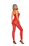 Back view of the red Poinsetta lace bodystocking and harness