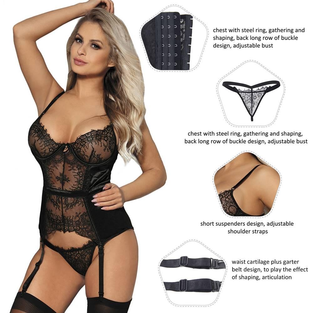 Elegant Eyelash Black Lace Plus Size Garter Lingerie With Underwire - R80535-1P003 - Love it Curvy