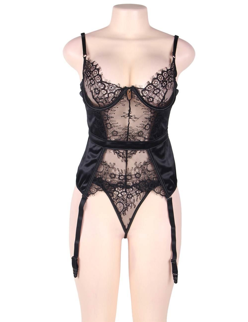 Elegant Eyelash Black Lace Plus Size Garter Lingerie With Underwire - R80535-1P003 - Love it Curvy